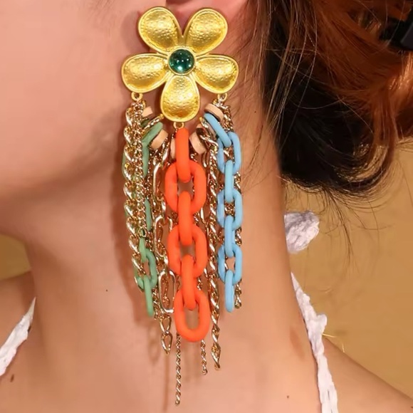 Bold Floral Dangle Statement Earrings | Multicolor Chain Fringe - Picture 4 of 11